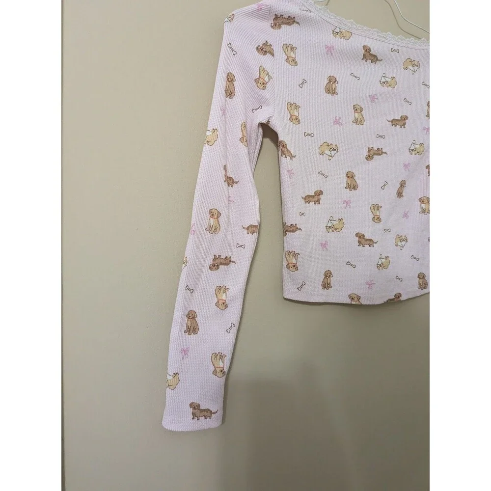 Pink Dog Print Pointelle Crop Top Lace Trim Girly Coquette Long Sleeve